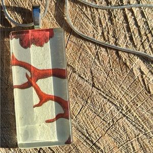 - Handmade glass cabochon necklace with vintage red coral art decopauge pa…